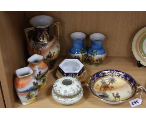 A GROUP OF NORITAKE ITEMS, to include twin handled vase, twin handled dish and a pot (missing lid), all camel and desert scen