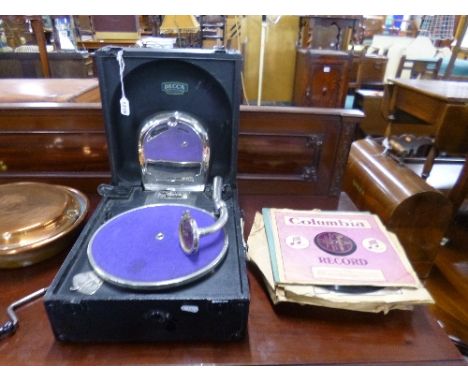 A 'DECCA' WIND UP RECORD PLAYER, and a small quantity of 78rpm records (handle)