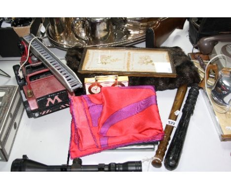 TWO TRUNCHEONS, boxed silk scarf, Meccano 'Mogul Fire-Fighter' engine, framed silks, barometer etc (7)