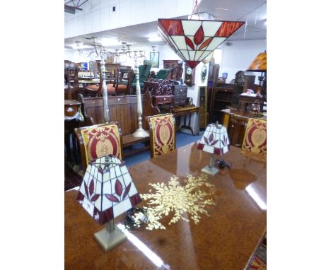 A TIFFANY STYLE HANGING LIGHT SHADE, and a pair of table lamps (3)