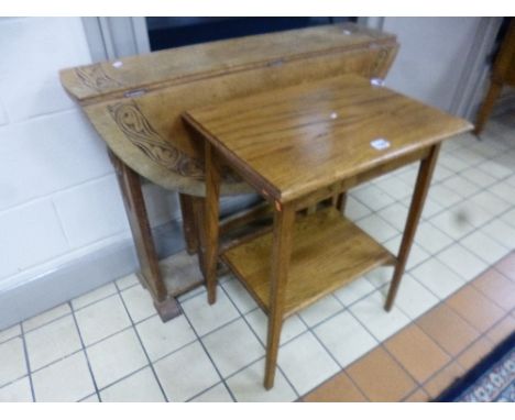 A LIGHT OAK GATE-LEG TABLE, in Arts & Crafts style having scrolled carved border, approximately 93.5cm diameter, together wit
