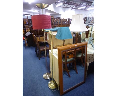 A MODERN STANDARD LAMP WITH SHADE, uplighter, two table lamps with shades and a modern mirror (5)