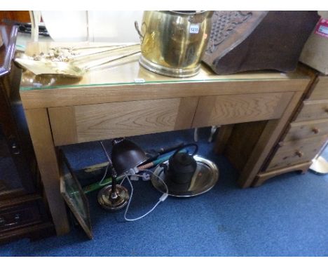A MODERN LIGHT OAK SIDE TABLE, with two drawers on square supports