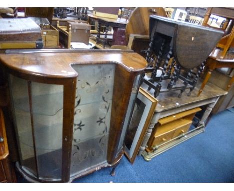 AN OAK BARLEY TWIST GATE LEG TABLE, and a walnut two door china cabinet (sd) (2)