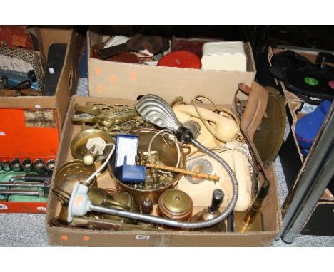 TWO BOXES OF SUNDRIES, to include telephones, brass, boxed wristwatch, hand-held viewer, tins, light fitting etc