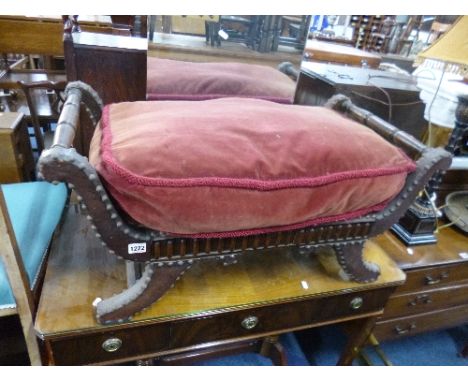 A MAHOGANY AND LEATHER STUDDED DOUBLE SCROLL END STOOL, with loose cushion, approximate size width 87cm x depth 47cm x height