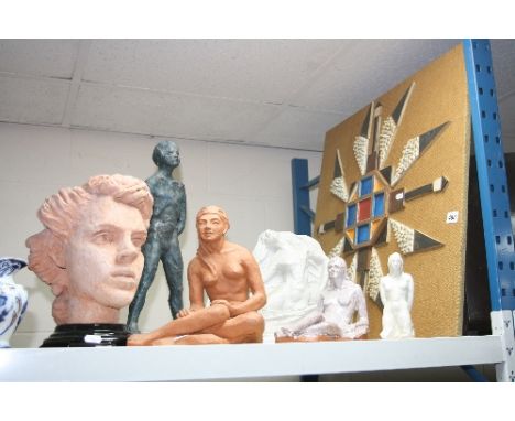 MODERN ART, an abstract picture and five nude ceramic figures and a bust (7)