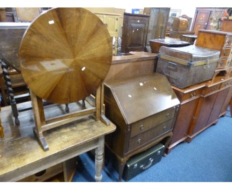 A WALNUT LADIES WRITING BUREAU, circular tilt top table, tin trunk and a sewing machine (4) (key)