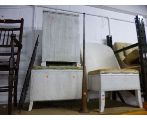 THREE PIECES OF PAINTED WICKER BEDROOM FURNITURE, brass horn and a modern mirror (5)