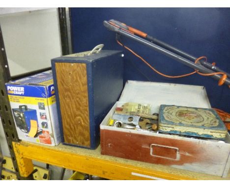 A BOXED POWER CRAFT 40-160 AMPS ARC WELDER, record player and a metal tool box containing a quantity of various hand tools, e