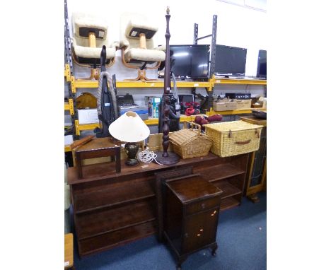 A MAHOGANY STANDARD LAMP, two wicker baskets, an oak stool, a mahogany bedside cabinet and a single mirror (7)