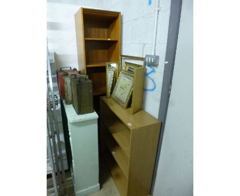 A MODERN OPEN BOOKCASE, another bookcase, a modern three fold mirror, etc (5)