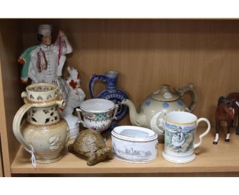 A GROUP OF CERAMICS/STONEWARE, to include stoneware puzzle jug (a/f), height approximately 22cm, Staffordshire Highland Gamek