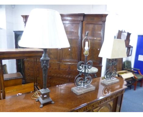 A PAIR OF DECORATIVE METAL TABLE LAMPS, with stepped bases (one shade only) and another metal table lamp with shade (3)