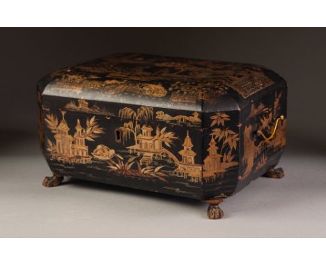 LATE NINETEENTH/ EARLY TWENTIETH CENTURY CHINESE BLACK LACQUERED AND GILT PAINTED SEWING BOX, of canted oblong form with gilt