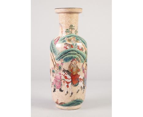 CHINESE QING DYNASTY 'CRACKLE' WARE ROULEAU SHAPE VASE, polychrome enamelled with figures on horseback and attendant figures,