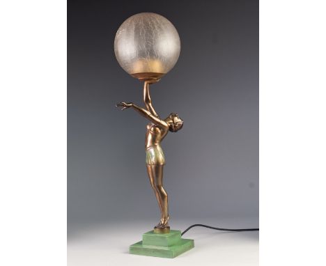 ART DECO COLD PAINTED SPELTER FIGURAL TABLE LAMP, modelled as a female figure in stylised pose with right arm raised to suppo