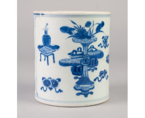 A CHINESE QING DYNASTY BLUE AND WHITE PORCELAIN  BITONG OR BRUSH POT painted with precious and auspicious objects divided wit