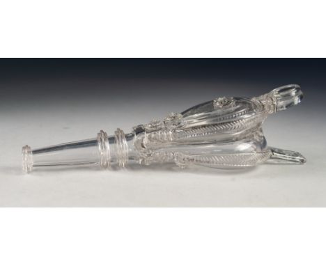 NINETEENTH CENTURY HAND BELLOWS PATTERN GLASS FLASK, 8" (20.3cm) long