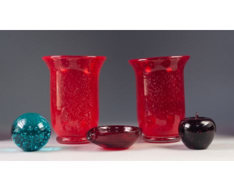 MID TWENTIETH CENTURY PAIR OF RUBY GLASS VASES WITH BUBBLE INCLUSIONS, each of footed, cylindrical form with flared rim, 8 ¼"