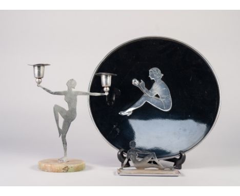 ART DECO CHROME AND GREEN ONYX FIGURAL TWO LIGHT CANDELABRUM, modelled as a female figure in stylised pose, on a circular bas