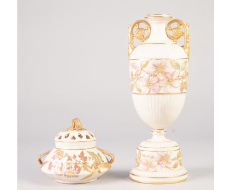 A LATE VICTORIAN GRAINGER AND CO., WORCESTER PORCELAIN OVOID TWO HANDLED PEDESTAL VASE, ribbed and moulded with dog roses and