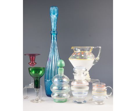 STYLISH 1950's IRIDESCENT GLASS DECANTER AND STOPPER, of ribbed form with green enamelled stopper and rims, 8 ½" (21.6cm) hig