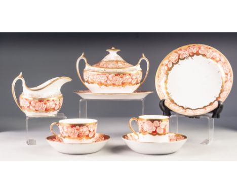 39 PIECE EARLY NINETEENTH CENTURY SPODE PART TEA AND COFFEE SERVICE, each with a floral printed border on a gold ground, prin
