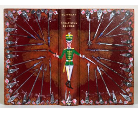 Einbände - Weinroter Ecrasélederband, signiert »R. Meuter, mit Deckel- und Unterschnittbemalung von Rolf Lock. - Inhalt: E. T