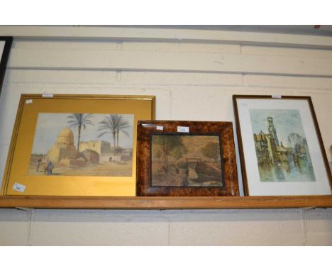 Framed watercolour of a Middle Eastern scene, signed bottom right by K Young together with two further prints