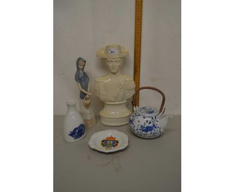 Quantity of ceramics, teapot with wicker handle, model of a girl in Copenhagen style etc