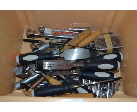 Plastic box containing a quantity of tools, chisels etc