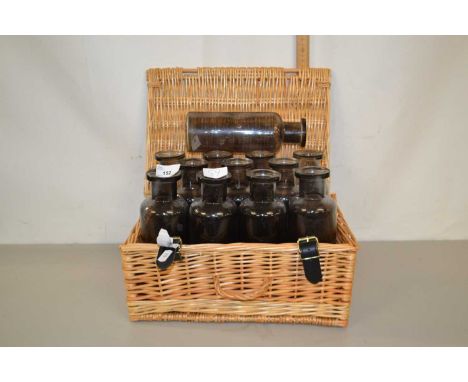Quantity of modern glass vases and a wicker hamper