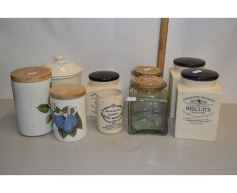Quantity of ceramic jars and containers, some with cork and wooden lids including Portmeirion and Charlotte Watsons Country B