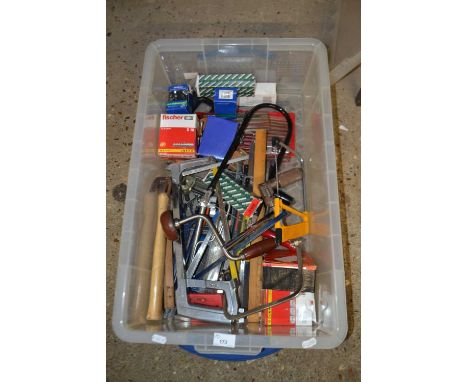 Large plastic box containing a quantity of carpentry tools, chisels, saws etc