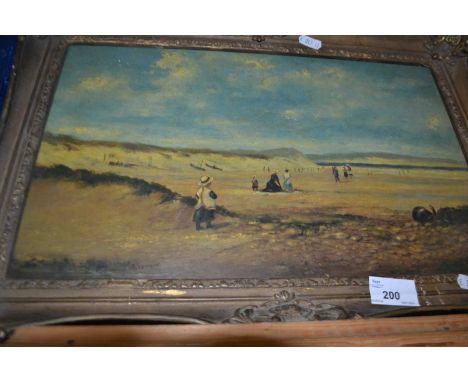 Print on board of a beach scene in vintage frame