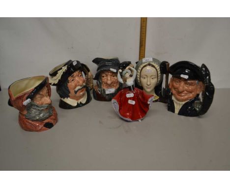 Group of five Royal Doulton character jugs, Rip Van Winkel, Lobster Man, Falstaff etc together with a Royal Doulton model of 