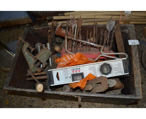 Wooden box containing a quantity of tools, clamps, drill bits etc
