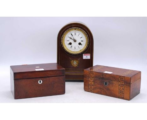 A Victorian Tunbridge inlaid walnut twin compartment tea caddy, w.20cm; together with a Victorian rosewood twin compartment t