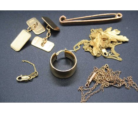 A pair of gent's 9ct gold engine turned cufflinks; together with other principally 9ct gold jewellery to include safety pin b