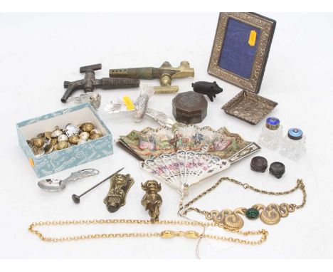 Miscellaneous items to include Christofle pierced models of birds, enamel lidded dressing table jars, brass buttons, silver c