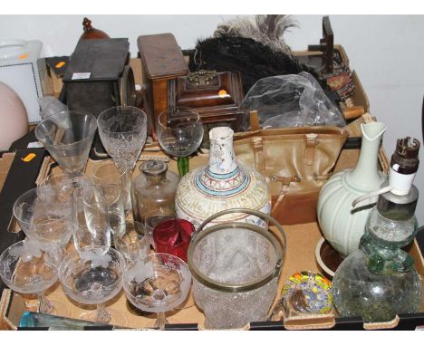 Two boxes of miscellaneous items to include a Victorian black slate mantel clock, glassware, ceramics etc