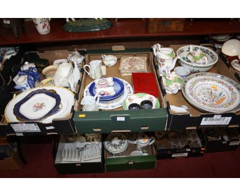 Three boxes of ceramics, to include a pair of Doulton Lambeth stoneware bowls and Halcyon Days enamel patch boxes 