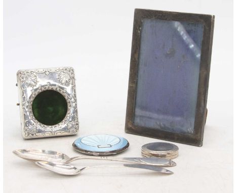 A collection of mixed silverware, to include Art Deco enamelled silver compact, silver clad pocket watch case, and a silver c