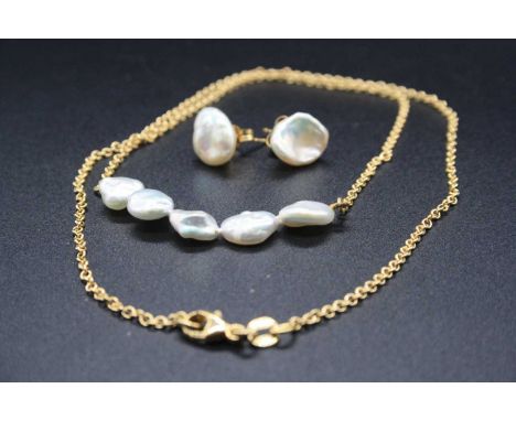 A modern 18ct gold and cultured pearl set necklet, gross weight 5.5g, length 44cm; together with a matching pair of cultured 