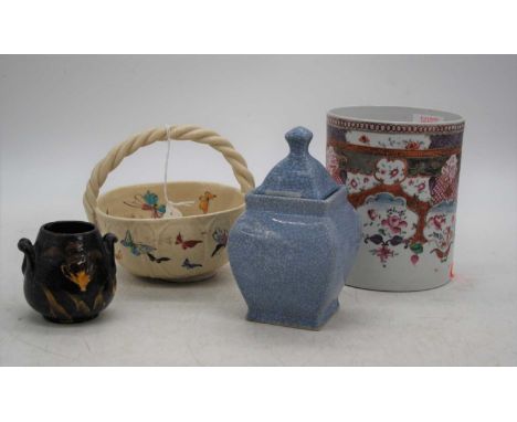 An 18th century Chinese porcelain tankard, h.13cm; together with an enamel decorated creamware basket; a blue crackle-glazed 