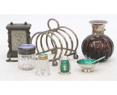Miscellaneous items, to include a silver and enamel lidded glass scent bottle, further enamelled items, miniature clock and a