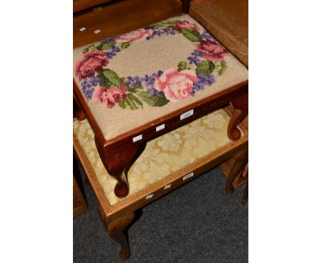 An oak stool, cabriole legs; another, tapestry top (2)