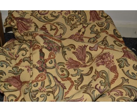A pair of tapestry patterned curtains, in cream, burgundy and green, 7ft x 10ft wide