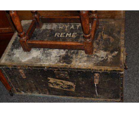 A rectangular painted metal travelling trunk, Wyatt S, R.E.M.E